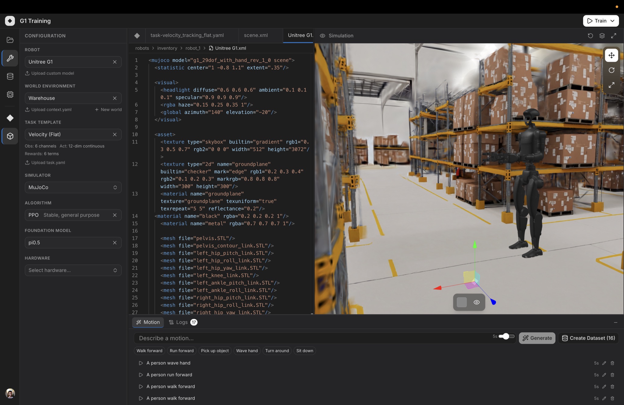 Kite IDE showing G1 humanoid robot training in a warehouse environment with simulation view, configuration panel, and motion editor