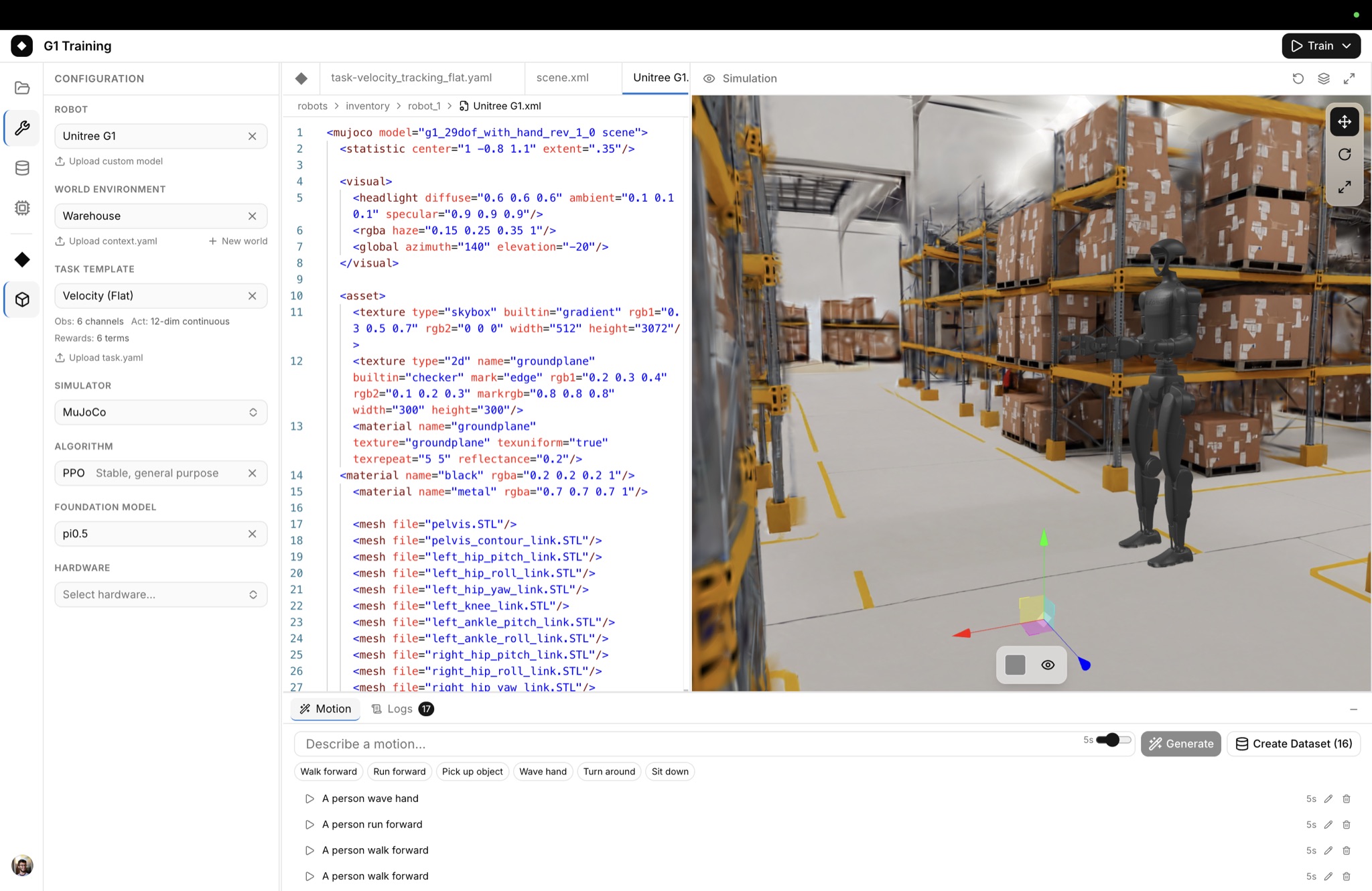 Kite IDE showing G1 humanoid robot training in a warehouse environment with simulation view, configuration panel, and motion editor