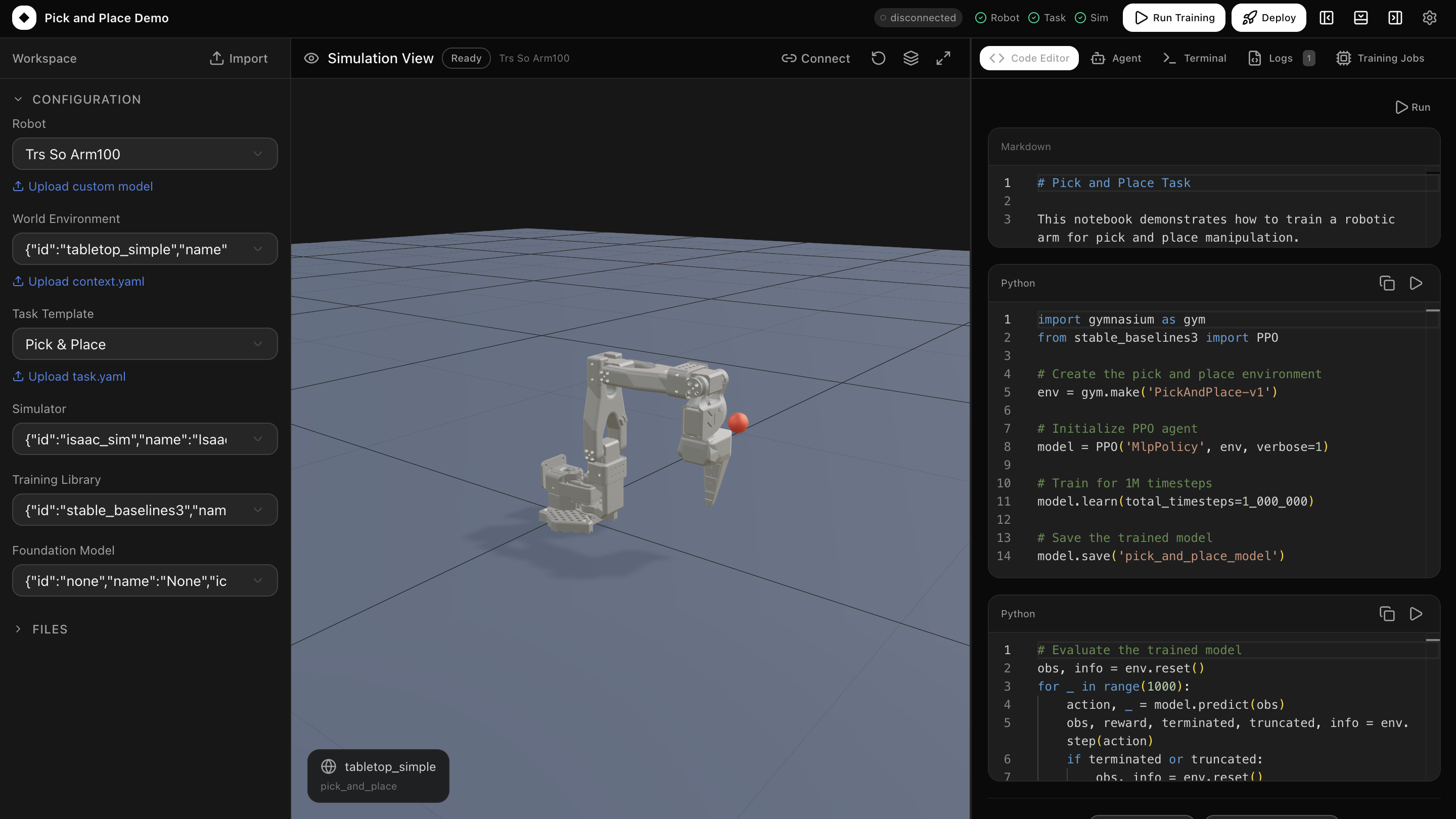 Kite IDE showing a Pick and Place robotic arm training demo with simulation view, configuration panel, and code editor